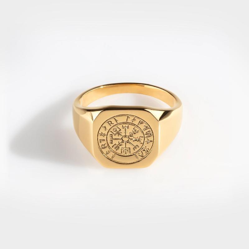 Vegvisir Signatur - Guldtonet Herre Ring - Str 6