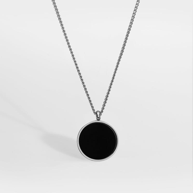 Sorte Onyx Herrehalskæde i Sølvtoner - 60 cm