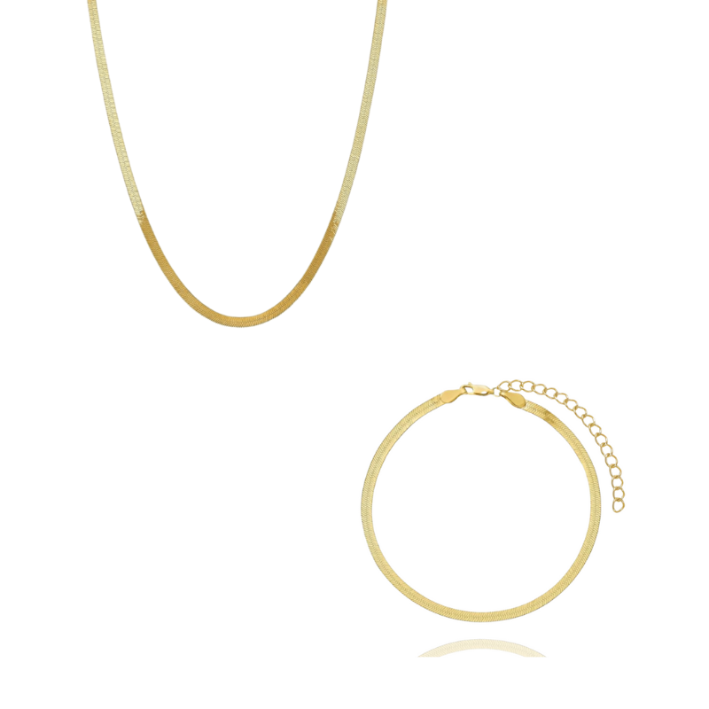 Smykkesæt med Slangeskæde i 18k Guld - 40-45 Cm