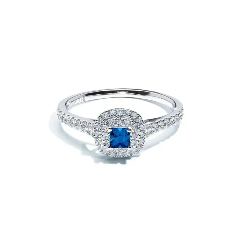 Athen Blå Cushion Cut Safir Ring med Dobbelt Halo