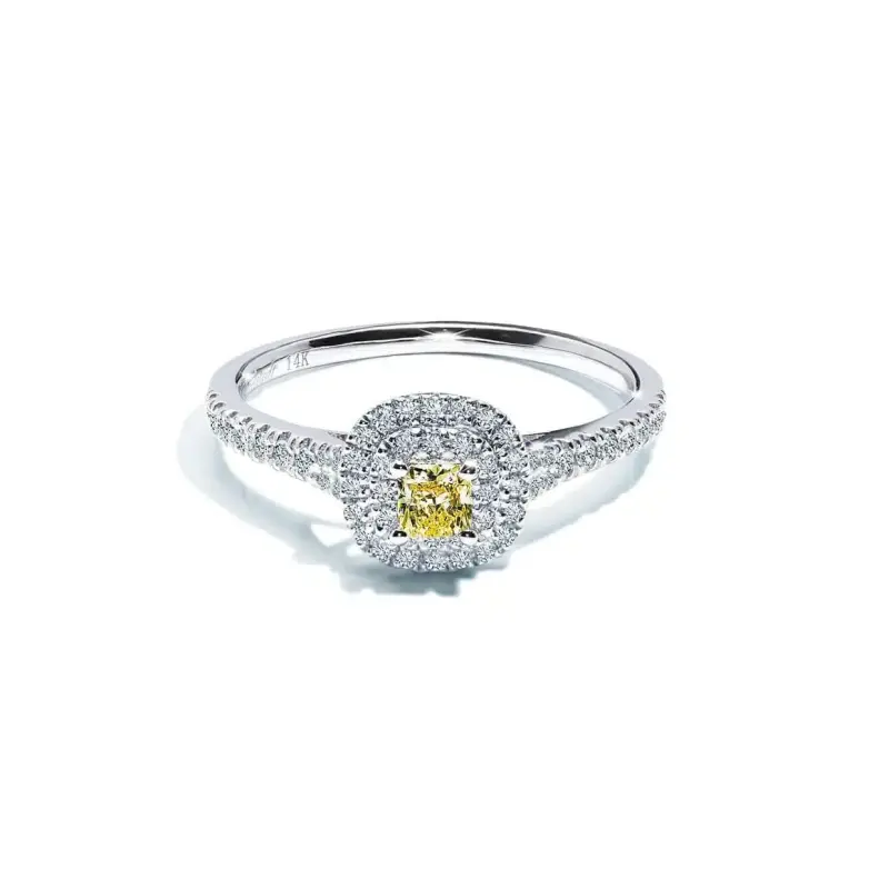 Gul Cushion Safir Ring med Dobbelt Diamant Halo