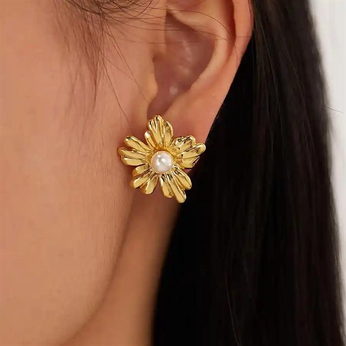Blomst med Perle Ørering i Ædelstål - Tidøs Elegance