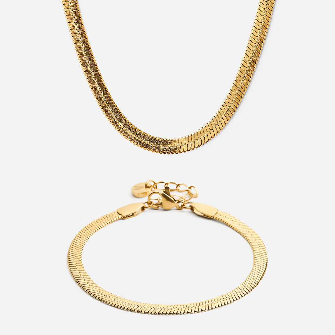 Flad Snake Halskæde  Armbånd 18k Guldbelagt 4mm