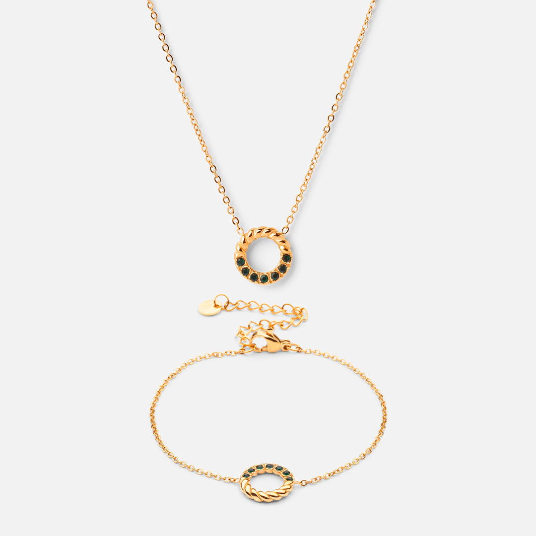 Twisted Green Zirkon Halskæde  Armbånd 18k Guldbelagt