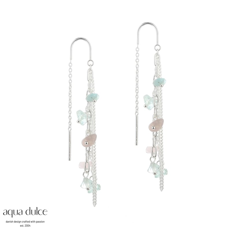 Nugget Earthread øretråde I Sterling Sølv Med Nuggets Af Aquamarine Rosaquartz