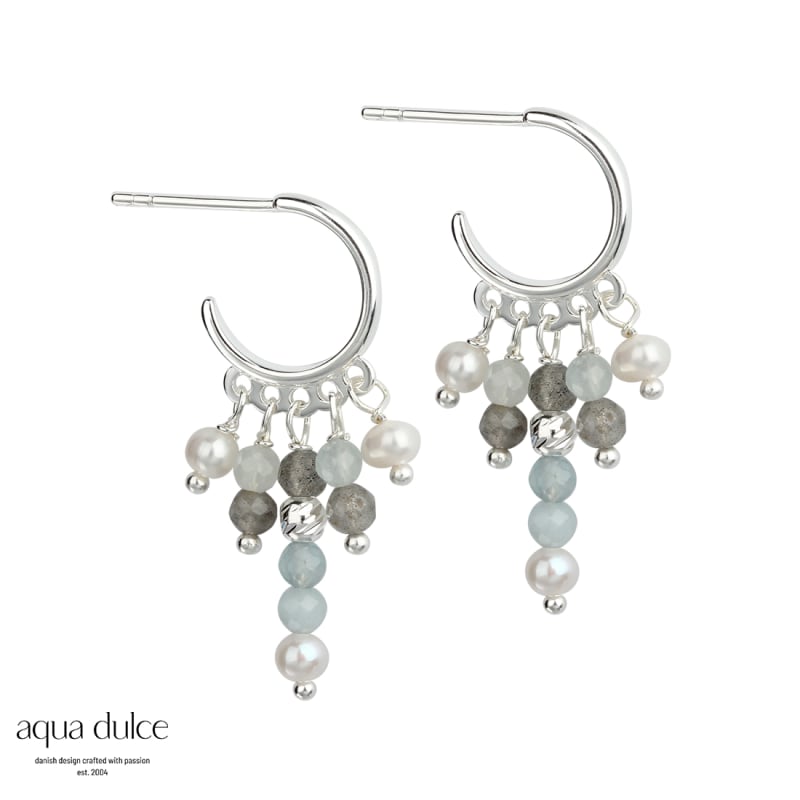 Ocean 12 Mm Hoops I Sterling Sølv Med Aquamarine Grå Calcedonia Ferskvandsperler