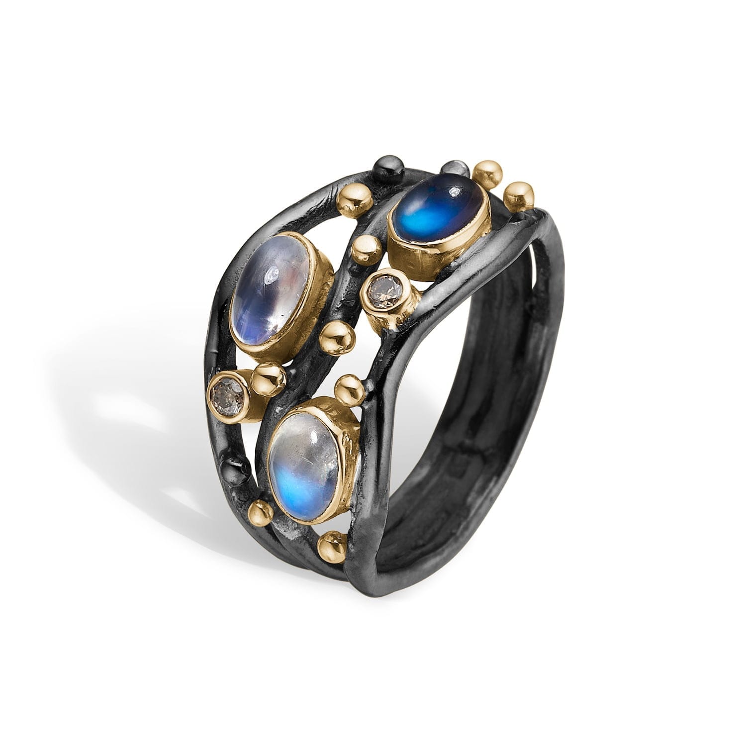Ring Nautilos Blue med regnbue månesten og diamanter