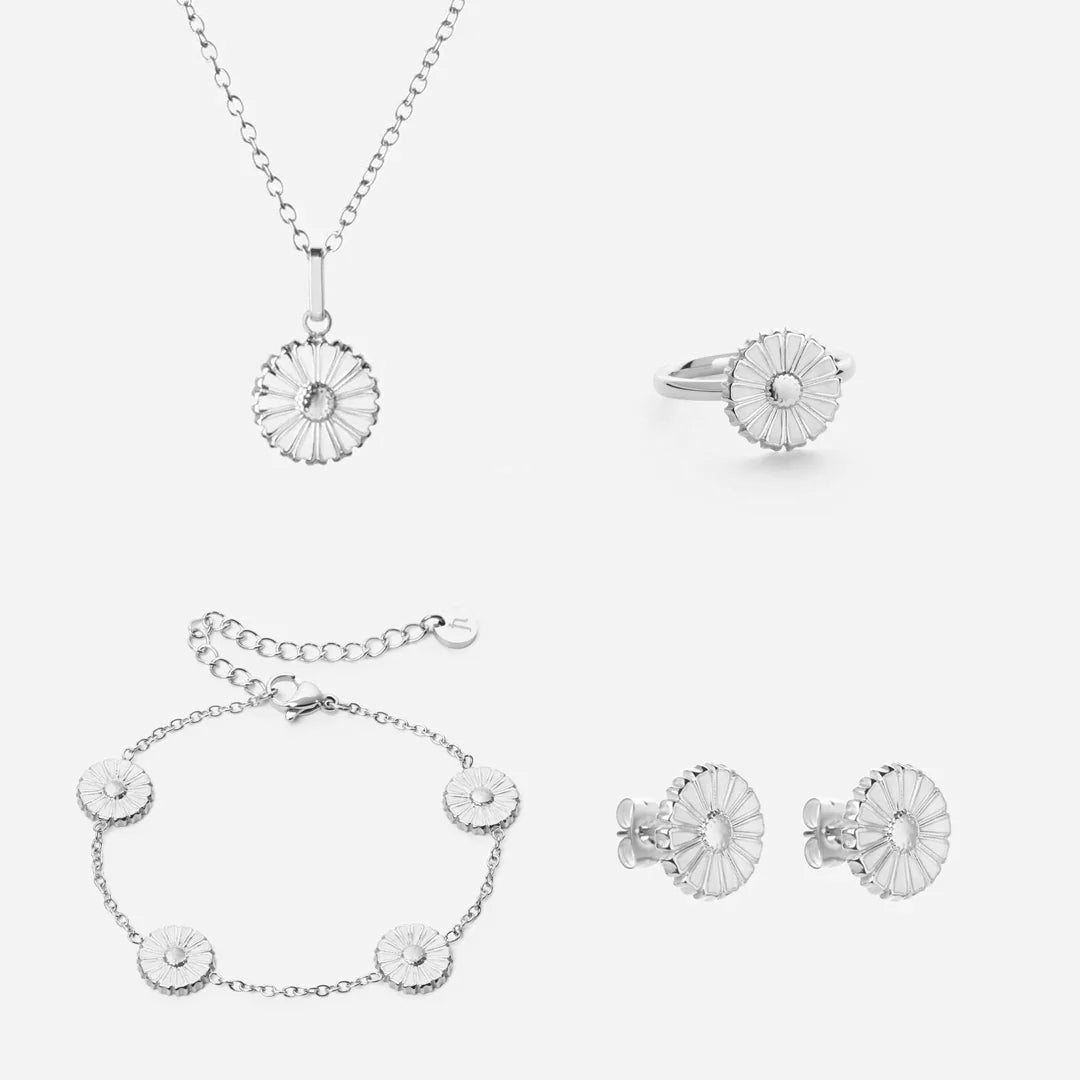 Marguerit Halskæde  Armbånd  øreringe  Ring Sølvfarvet