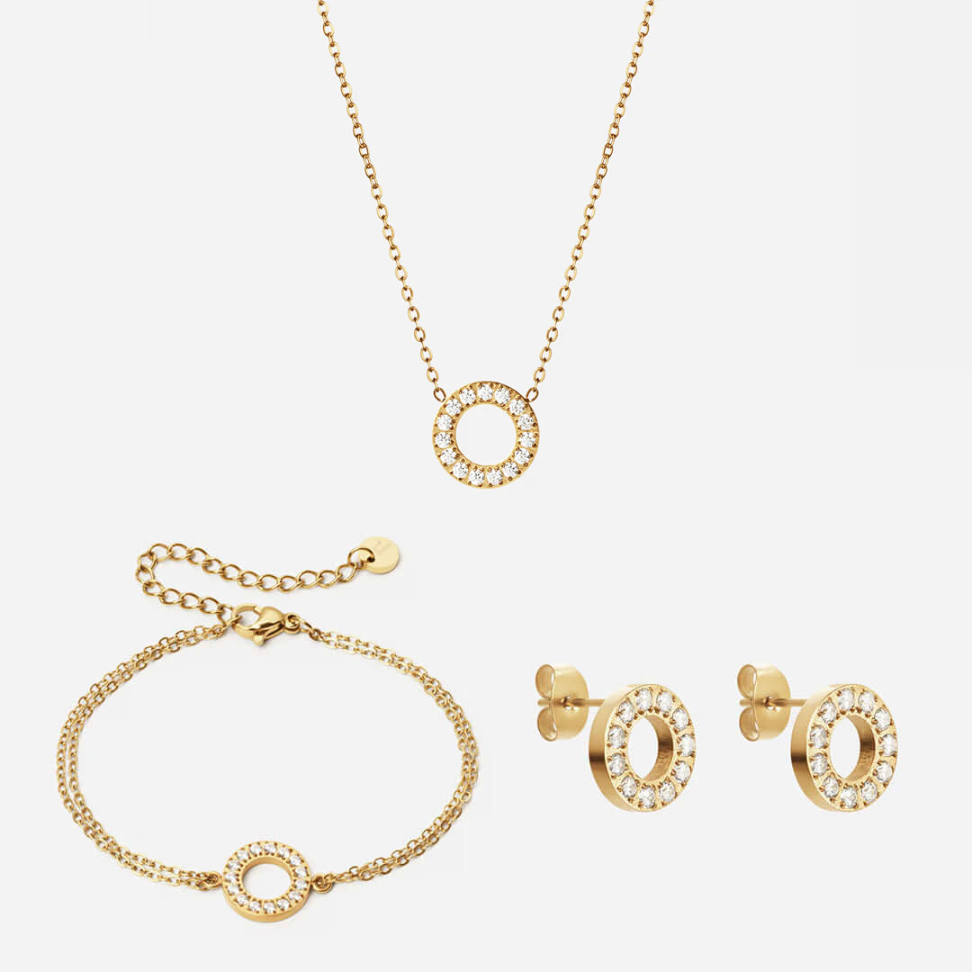 Circle Zirkon Halskæde 12mm  Armbånd 12mm  øreringe 10mm 18k Guldbelagt