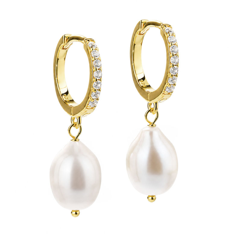 Darling Pearl Big 13 Mm Klik Creoler I Forgyldt Sterling Sølv Med Klare Zirkonia 12 Mm Ferskva