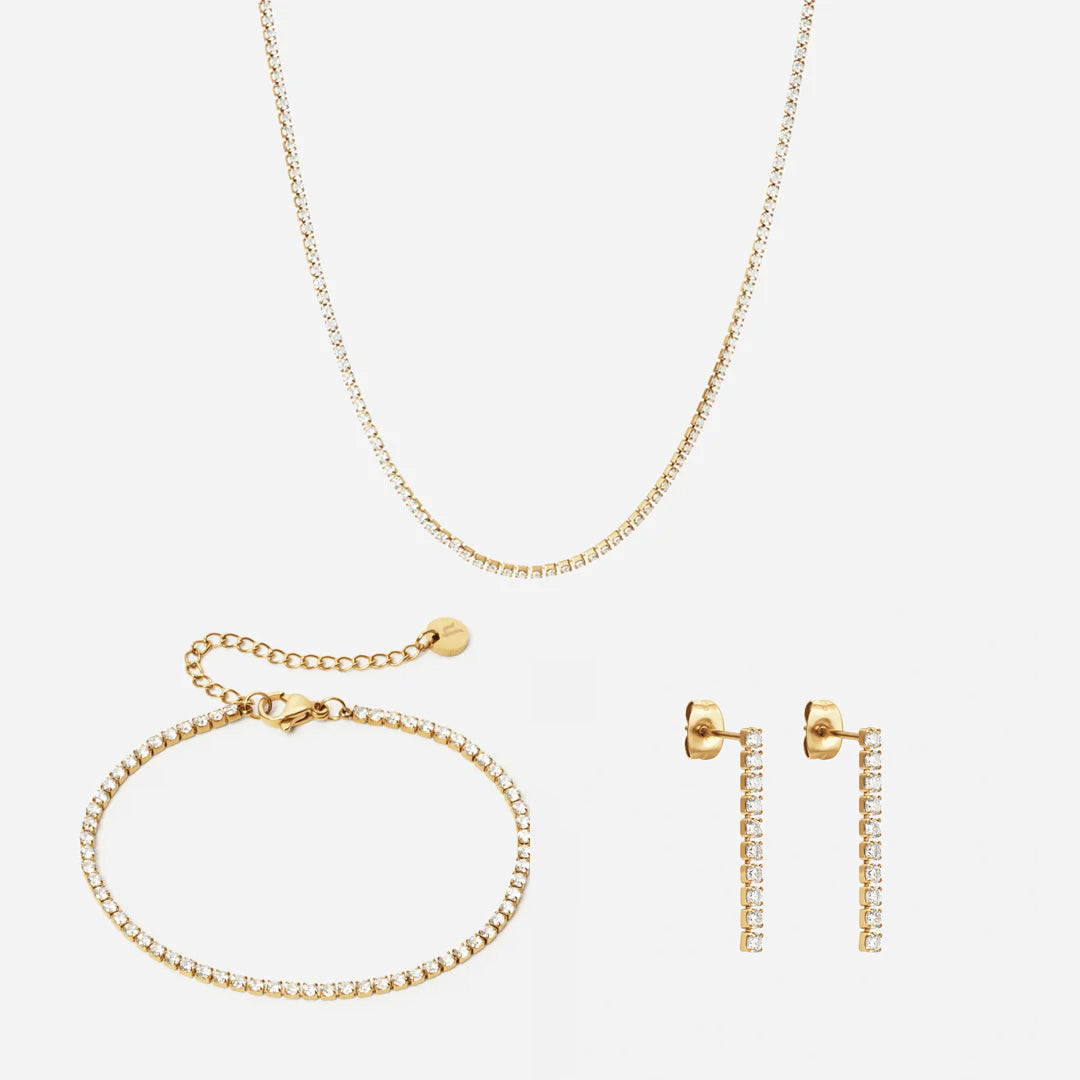 Zirkon Tennisarmbånd  Halskæde  øreringe 24mm 18k Guldbelagt