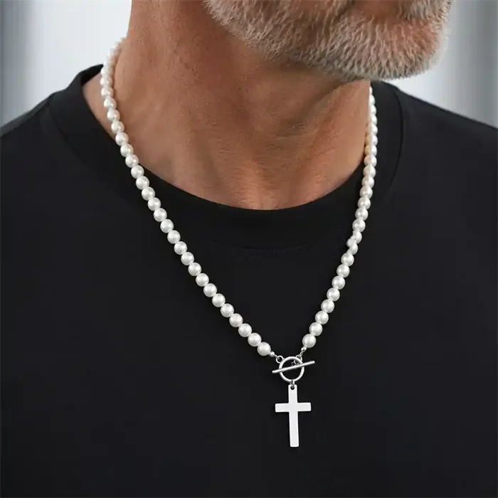 Pearl Cross Necklace  -  Perlekæde Til Mænd I Rustfrit Stål