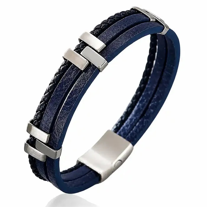 Milano Fusion Blue  -  Flettet Læderarmbånd I Rustfrit Stål