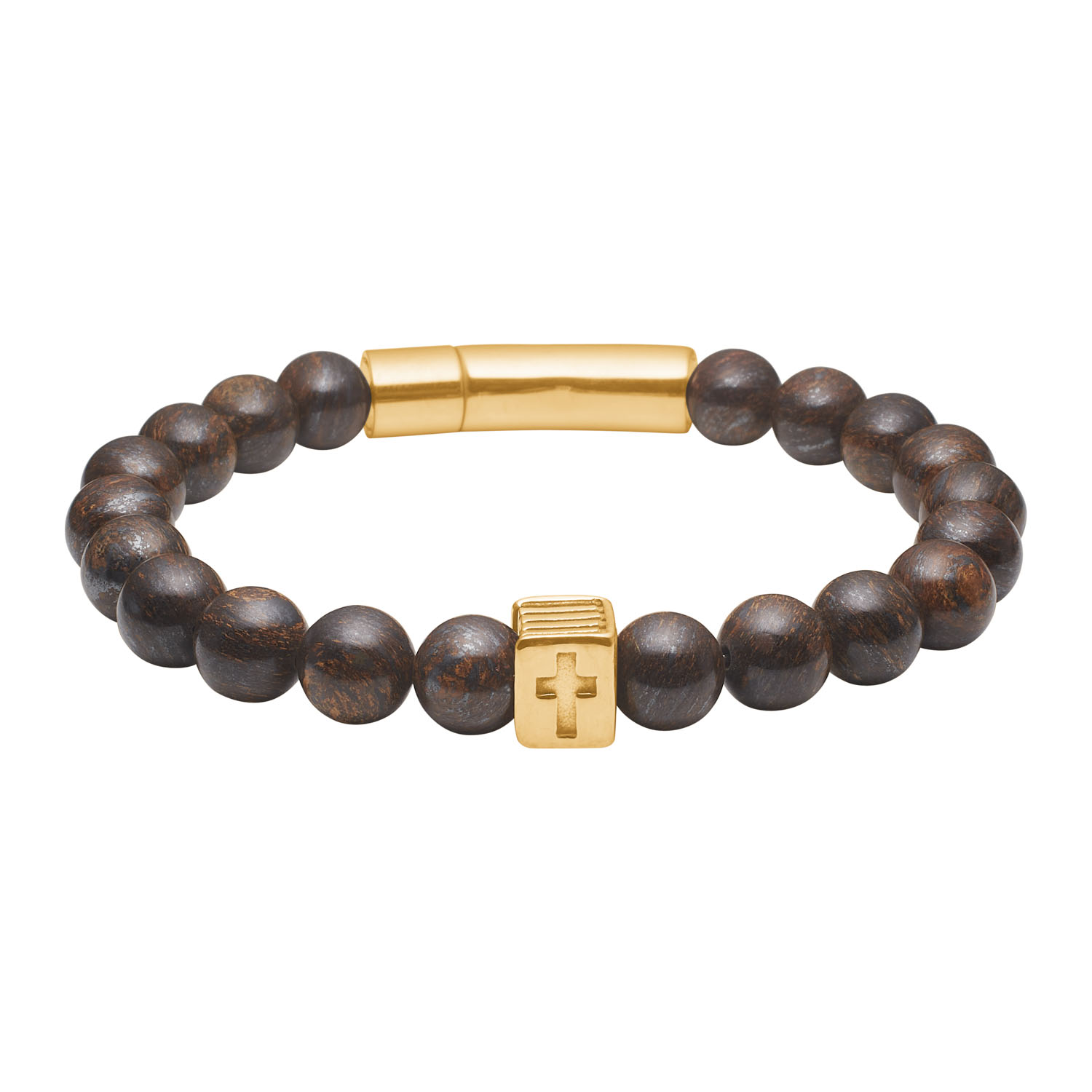 Armbånd I Forgyldt Stål Med Bronzite Natursten Og Kors - 21 Cm Langt