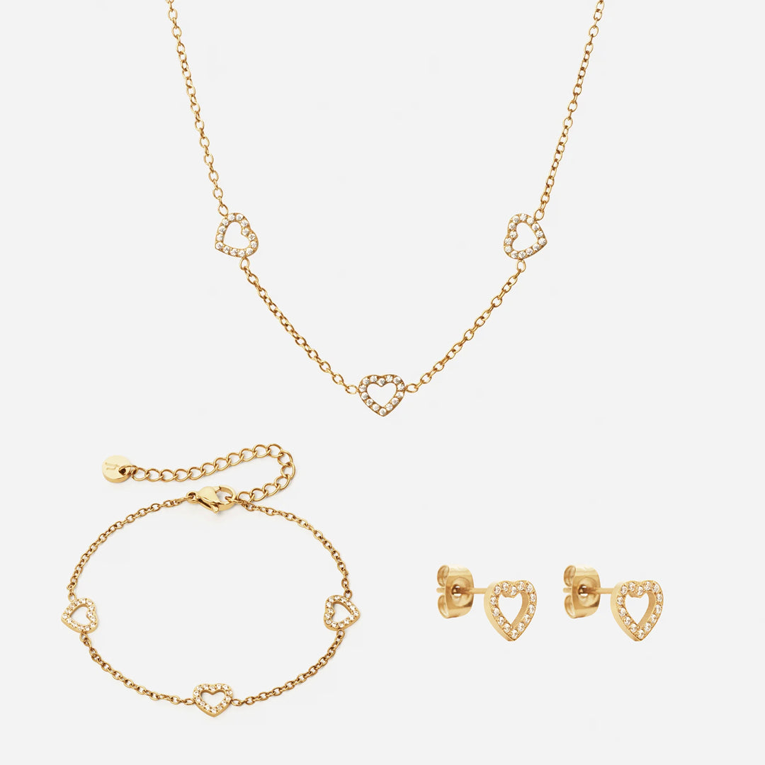 Heart Zirkon Trio Halskæde Armbånd øreringe 18k Guldbelagt 8mm