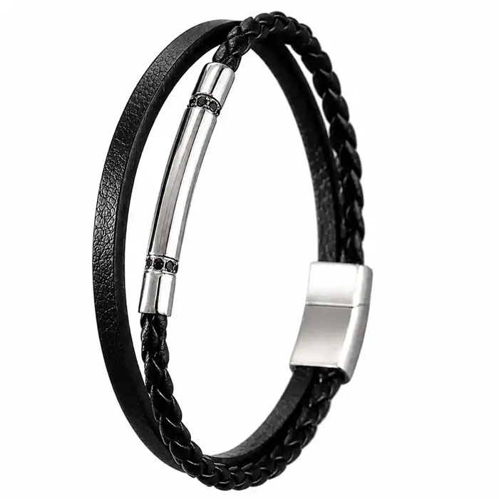 Atlas - Sort Læderarmbånd Med Blanke Ståldetaljer