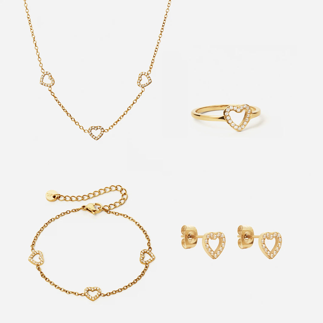 Heart Zirkon Trio Halskæde Armbånd øreringe Ring 18k Guldbelagt 8mm