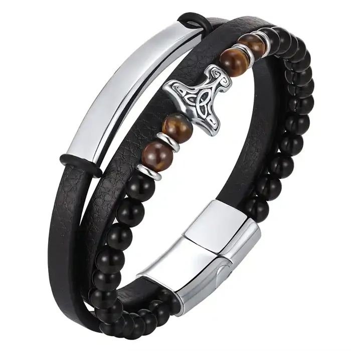 Viking Spirit Armbånd  -  Sort Læder  Tiger Eye Perler
